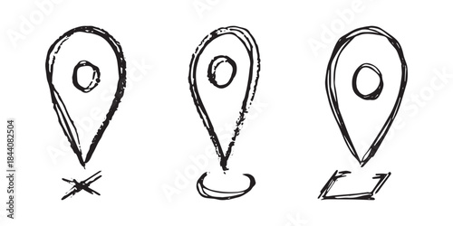 Set of hand drawn map pin Map marker pointer sign GPS and mapping tools Location pin symbol Pinpoint clipart in doodle style Single element for web, design