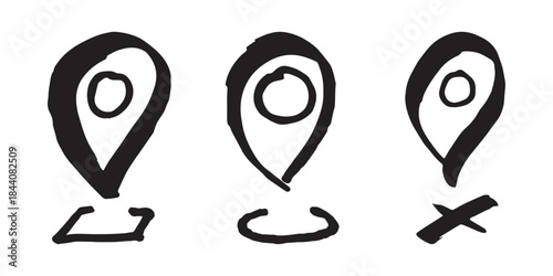Set of hand drawn map pin Map marker pointer sign GPS and mapping tools Location pin symbol Pinpoint clipart in doodle style Single element for web, design
