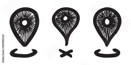 Set of hand drawn map pin Map marker pointer sign GPS and mapping tools Location pin symbol Pinpoint clipart in doodle style Single element for web, design