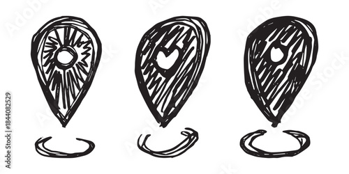 Set of hand drawn map pin Map marker pointer sign GPS and mapping tools Location pin symbol Pinpoint clipart in doodle style Single element for web, design