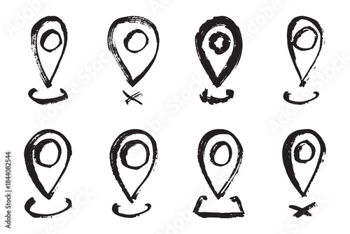 Set of hand drawn map pin Map marker pointer sign GPS and mapping tools Location pin symbol Pinpoint clipart in doodle style Single element for web, design