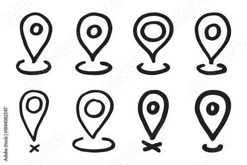 Set of hand drawn map pin Map marker pointer sign GPS and mapping tools Location pin symbol Pinpoint clipart in doodle style Single element for web, design
