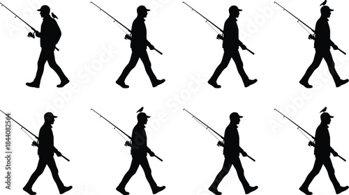 Fisherman silhouette set walking with fishing rod, outdoor hobby activity, angling lifestyle concept, isolated black vector illustration