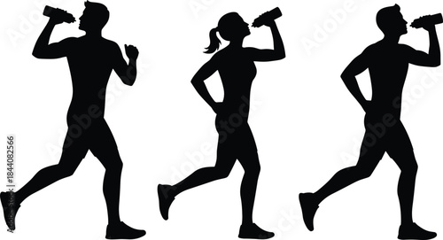 Fitness runners silhouettes drinking water, hydration during running workout, healthy lifestyle exercise concept, male and female athlete profiles