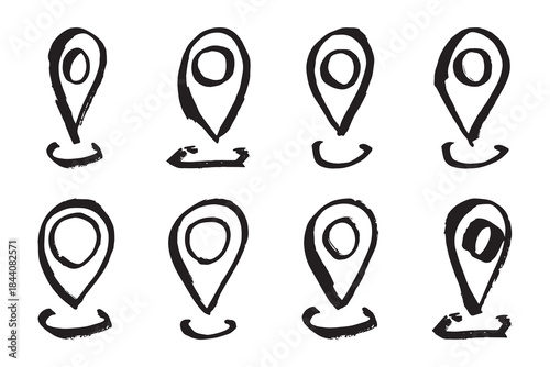 Set of hand drawn map pin Map marker pointer sign GPS and mapping tools Location pin symbol Pinpoint clipart in doodle style Single element for web, design