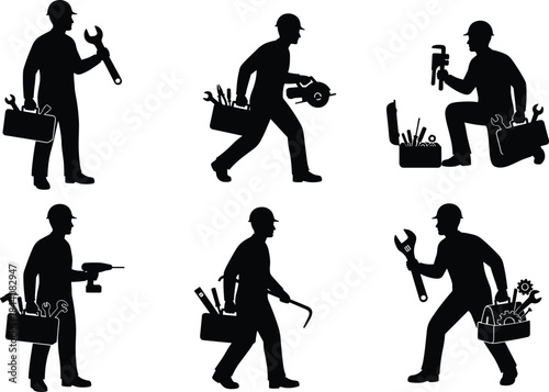 Industrial workers with tools silhouettes, construction and repair professions set, manual labor concept, black vector illustration isolated
