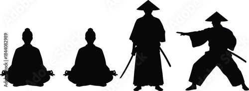 Japanese culture silhouette, samurai and meditation, katana stance, martial arts pose, traditional attire, black vector art, mindfulness and discipline