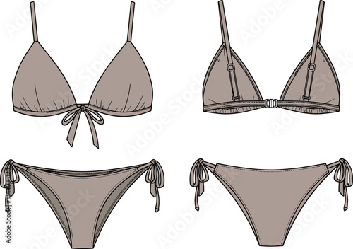 Women bikini swimsuit technical flat illustration, fashion CAD drawing, triangle top tie side bottom, front back view, vector apparel design