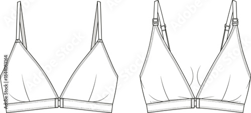 Women bralette technical drawing, lingerie bra front view outline, fashion cad flat vector illustration, apparel design template, sewing pattern guide