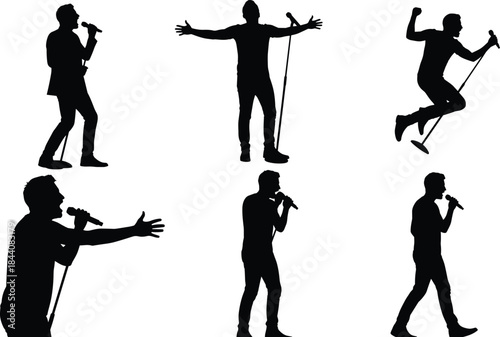 Male singer silhouette set performing with microphone, energetic stage poses, live concert performance, music entertainment illustration isolated