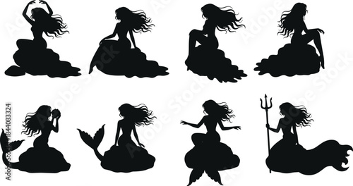 Mermaid silhouette set, seated on rocks, trident and shell poses, flowing hair, mythical sea creatures, black vector art, fantasy icons