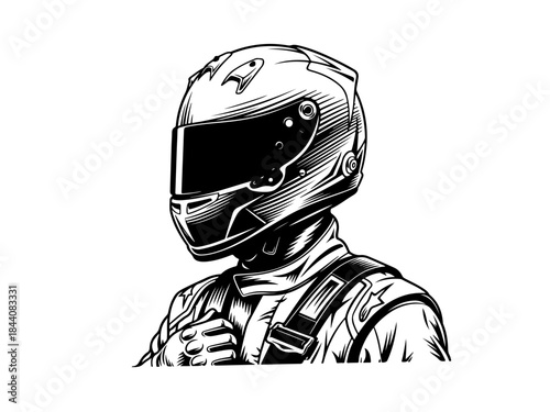 Detailed black and white illustration of a race car driver wearing a helmet and suit, ready for action.