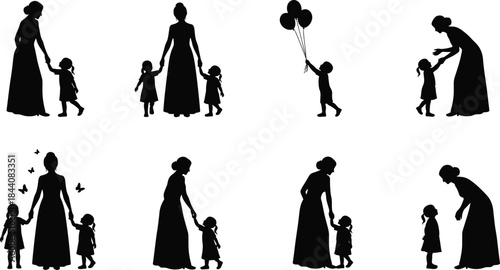 Mother and child silhouette, family bonding, parenting moments, nurturing love, childhood connection, outdoor activity, emotional support, caring interaction, black vector art