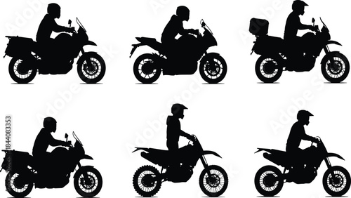 Motorcycle rider silhouette set, adventure bike touring and off road motorbike poses, biker travel transport illustration collection