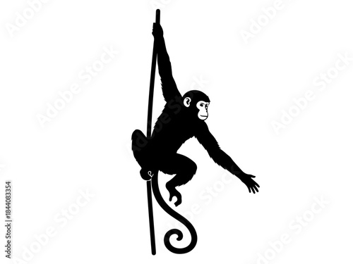 Black silhouette of a monkey hanging from a pole, looking right with an extended arm and curled tail.