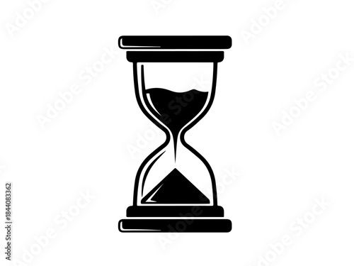 Black silhouette of an hourglass with sand flowing, symbolizing time measurement and passage.