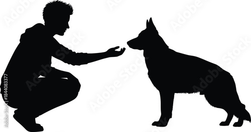 Young man kneeling and offering a treat or handshake to a German Shepherd dog, symbolizing training, friendship, companionship, and pet ownership, black vector silhouette on white.