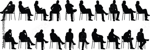 People sitting silhouettes on chairs, men and women waiting, thinking, relaxing poses, human posture collection, social behavior concept