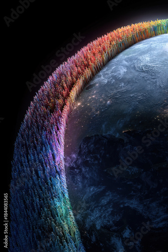 Colorful human chain of diverse silhouettes wraps around edge of Earth in dramatic cosmic scene conveying unity and global connection with emotional vibrancy