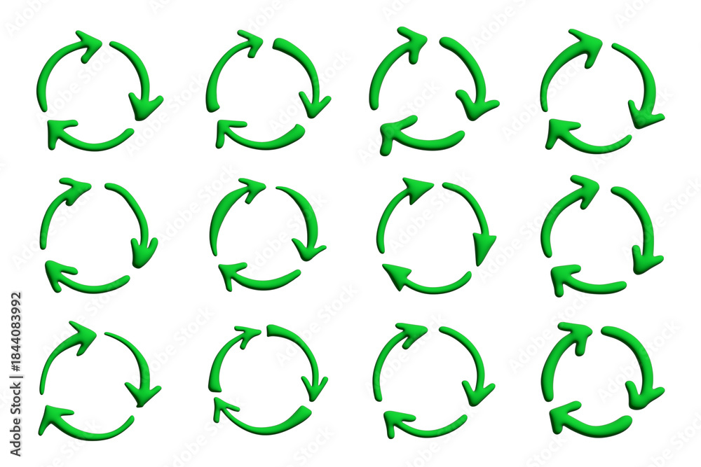 Fototapeta premium Set of 3d recycle arrow icon Recycling resources symbol Reuse of materials, zero waste, green environment, saving the planet