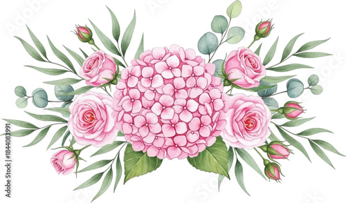 Watercolor floral arrangement with pink hydrangea and roses, eucalyptus branches and green leaves. Romantic flower composition for wedding invitation, cards, and celebration designs isolated