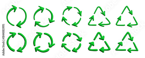 Set of 3d recycle arrow icon Recycling resources symbol Reuse of materials, zero waste, green environment, saving the planet