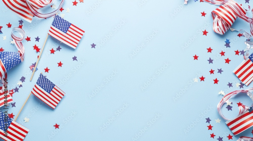 Fototapeta premium Minimalist patriotic banner featuring small American flags, colorful ribbons, and star confetti on a soft blue background, perfect for celebrating Presidents Day with copy space