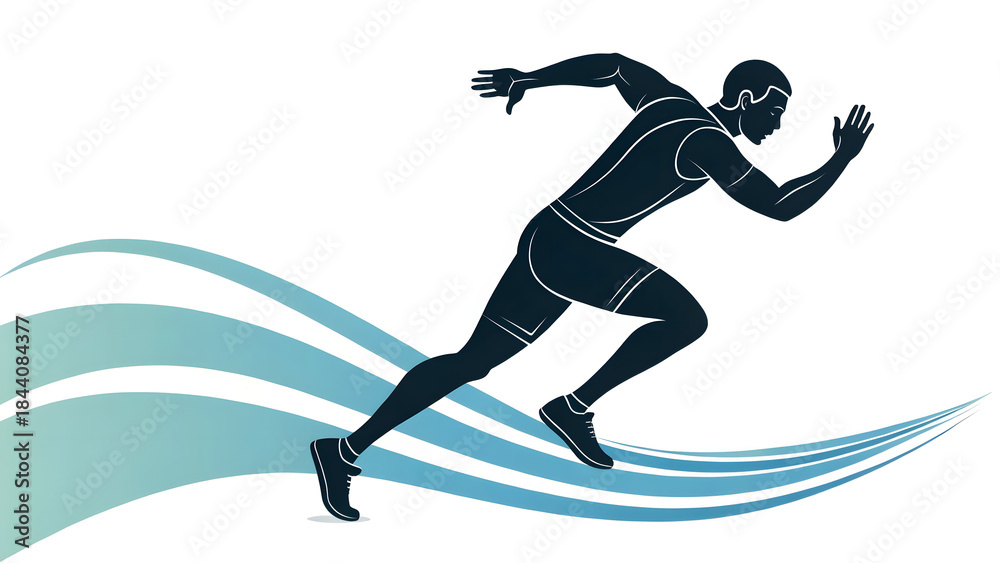 Fototapeta premium Dynamic Running Athlete Silhouette Vector with Abstract Waves