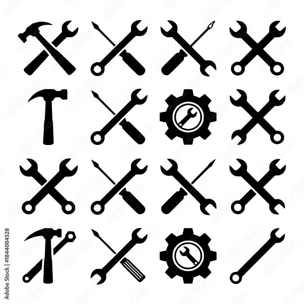 Obraz premium Monochrome Grid of Tool and Gear Icons