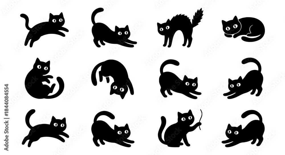 Naklejka premium Playful Black Cat Silhouettes in Various Poses on White Background