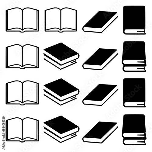 Grid of open and stacked book icons in grayscale
