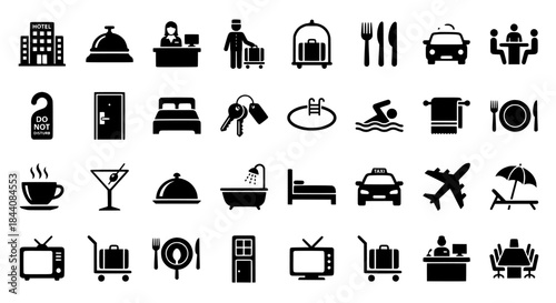 Businesswoman at hotel reception amid luggage and travel icons