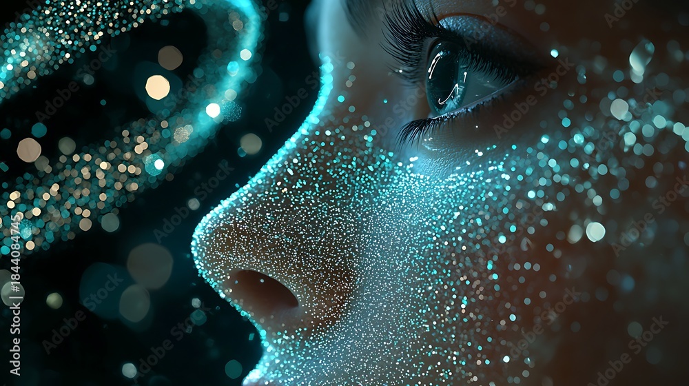 Fototapeta premium Close-up of human eye and face covered in sparkling blue particles, representing digital data, artificial intelligence, and futuristic technology vision.