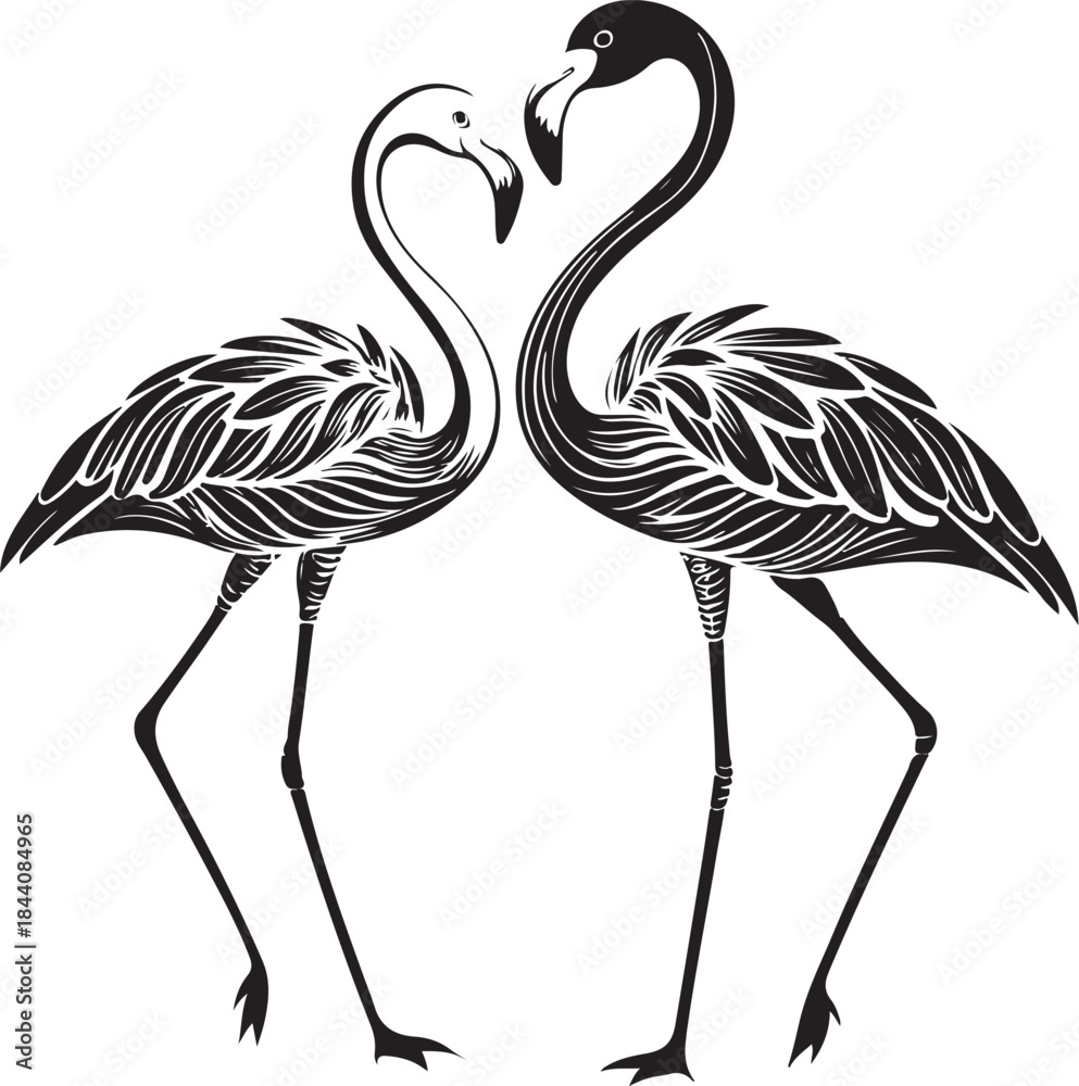 Fototapeta premium Two Flamingo Birds Standing Together Love Couple St. Valentine's Hand-drawn Sketch Drawing Vector Illustration, Line Linear Symbol Engraving Coloring Book, Black and White Isolated