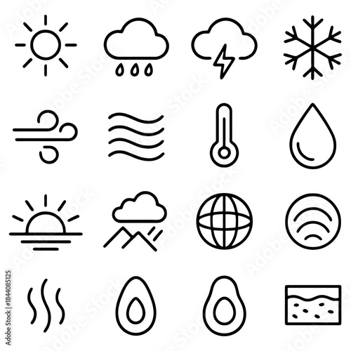 Weather Icon Set: A comprehensive collection of meticulously designed icons representing a diverse range of weather conditions and environmental elements. Designed for ease of use