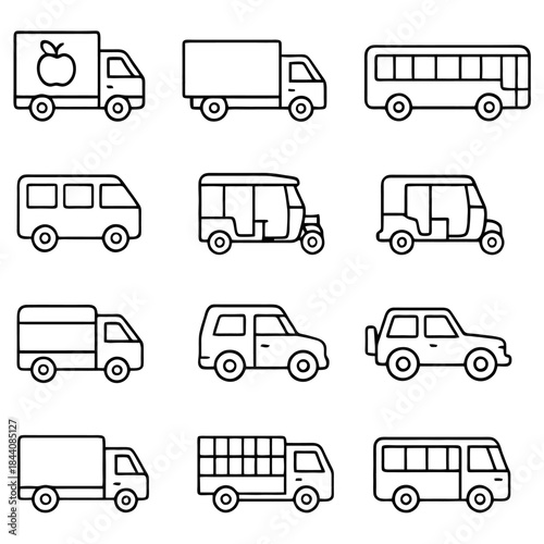 Vehicle Variety: A collection of various vehicles is showcased in a clean, outlined illustration, ranging from trucks to buses, perfect for representing transport and logistics. 