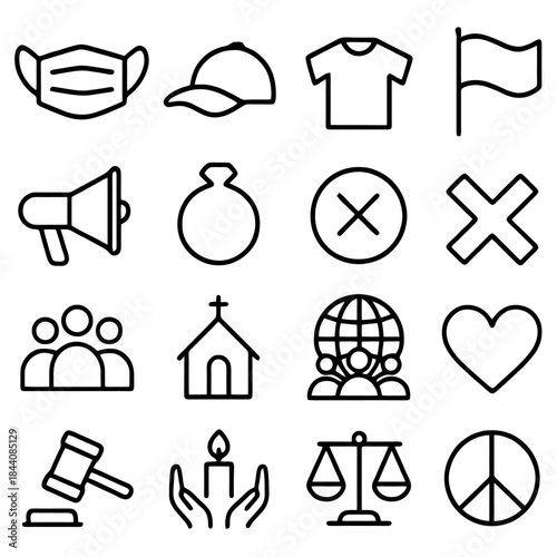 Symbols of Solidarity and Symbols: An evocative collection of minimalist icons representing vital aspects, evoking themes of community, activism, and cultural understanding.