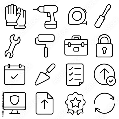 Essential Construction Tools in Black and White: A selection of tools, including work gloves, a drill, a measuring tape, a screwdriver, a wrench, a paint roller, a toolbox, a padlock, a calendar.