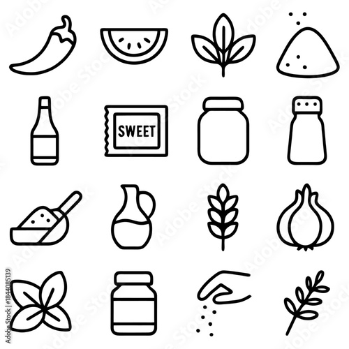 Culinary Delight: A collection of meticulously crafted line art icons showcasing a delightful array of culinary elements, ingredients, and spices, inspiring a world of delicious possibilities.