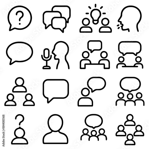 Communication Iconography: A collection of concise icons depicting various aspects of communication, dialogue, brainstorming, presentation and discussion, designed for a modern user interface.