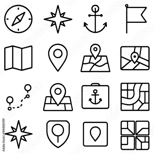 Navigational Icons: Set of simple vector icons depicting elements of navigation. Compass, Star, Anchor, and Flag icons in a flat design. Perfect for websites, apps, and print materials.