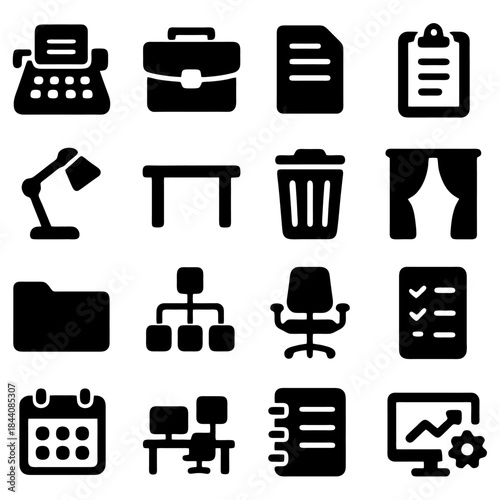 Workplace Essentials: A meticulously crafted collection of icons represents the key components found in a typical office setting, perfectly capturing the essence of the work environment.