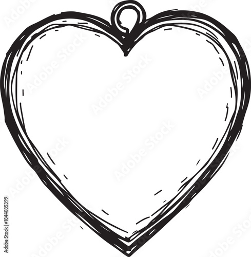 Heart Heart-shaped Locket Hand-drawn Sketch Drawing Vector Illustration, Line Linear Symbol Engraving Coloring Book, Black and White Isolated