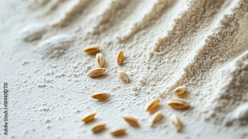Whole wheat grains and finely milled flour on a white surface.
