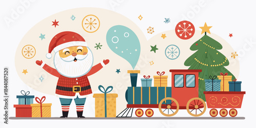 a cute Santa Claus waving next to a Christmas train carrying gifts!
