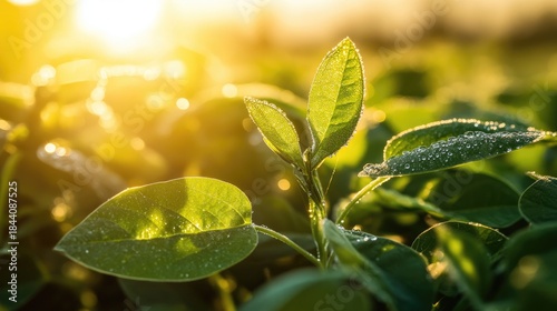 Young Soybean Plants Growing in a Field at Sunrise with Golden Light.