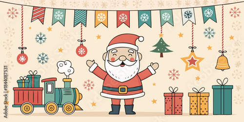 Christmas decorative banner with funny Santa Claus, nutcracker, locomotive and gift boxes and many others 