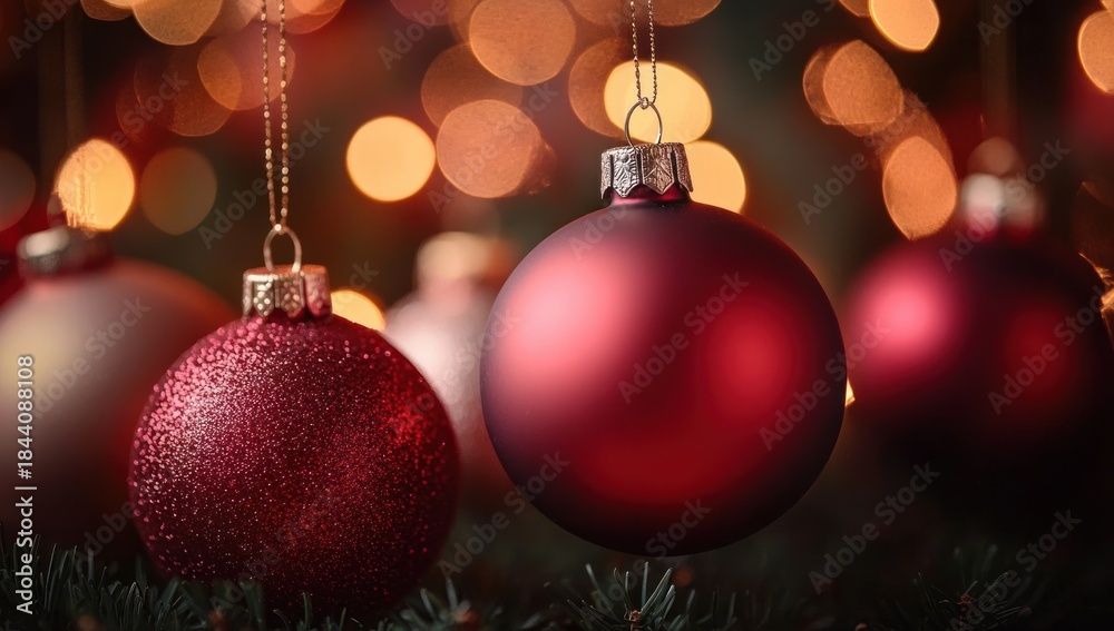 Fototapeta premium Close-up of red Christmas baubles hanging with blurred warm golden lights in the background creating a festive atmosphere