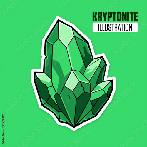 Green Kryptonite Crystal Sticker Vector Illustration. Cartoon Die Cut Mineral Gem with White Outline. Comic Book Style Jagged Space Rock Shard for Retro Gaming Badges, Icons, Villain's Superpower.