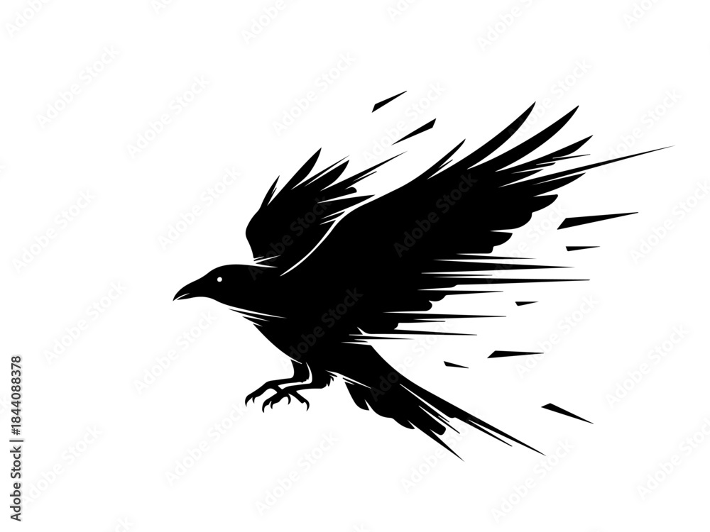 Obraz premium Dynamic black raven in flight with speed lines, minimalist vector illustration.